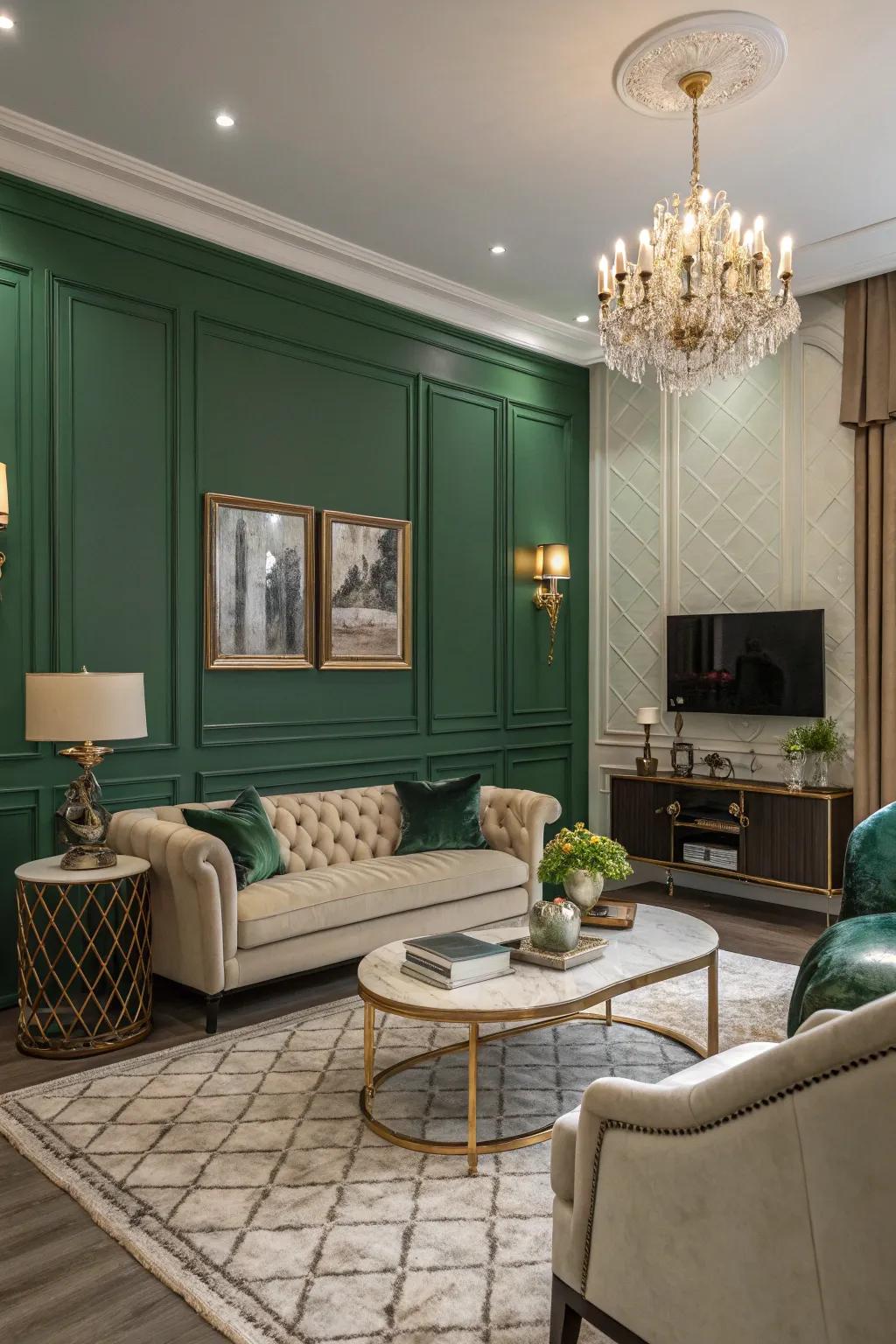 Precious green walls lend a sense of luxury to this stylish living space.