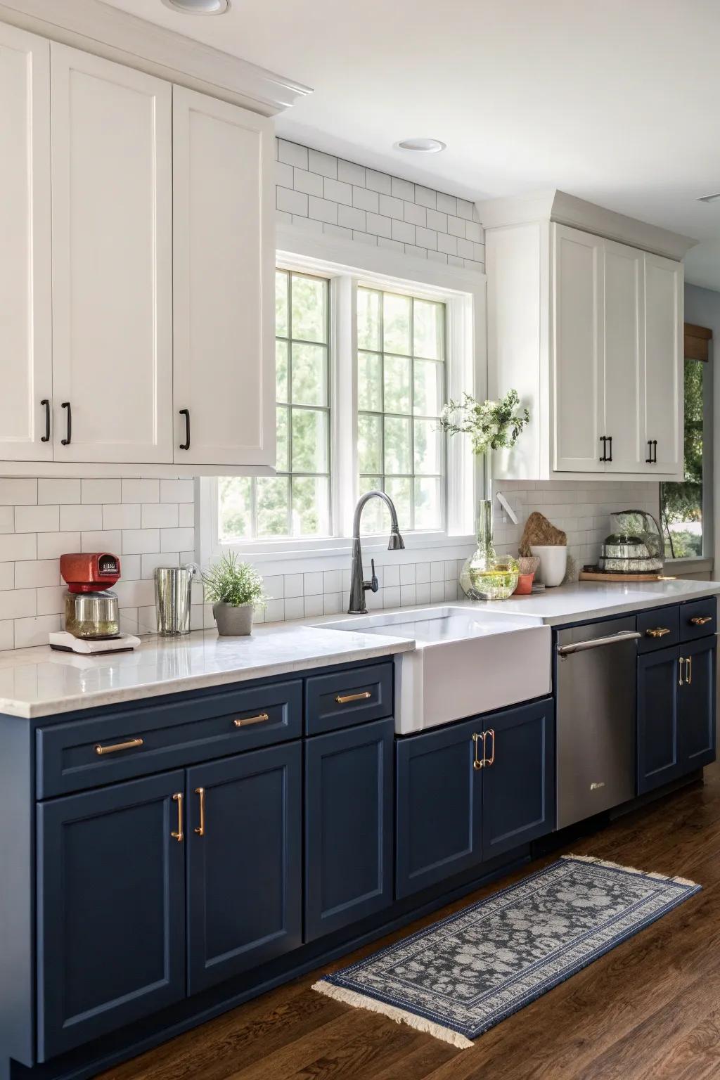 Split-tone cabinets add depth and visual appeal to cooking area designs.