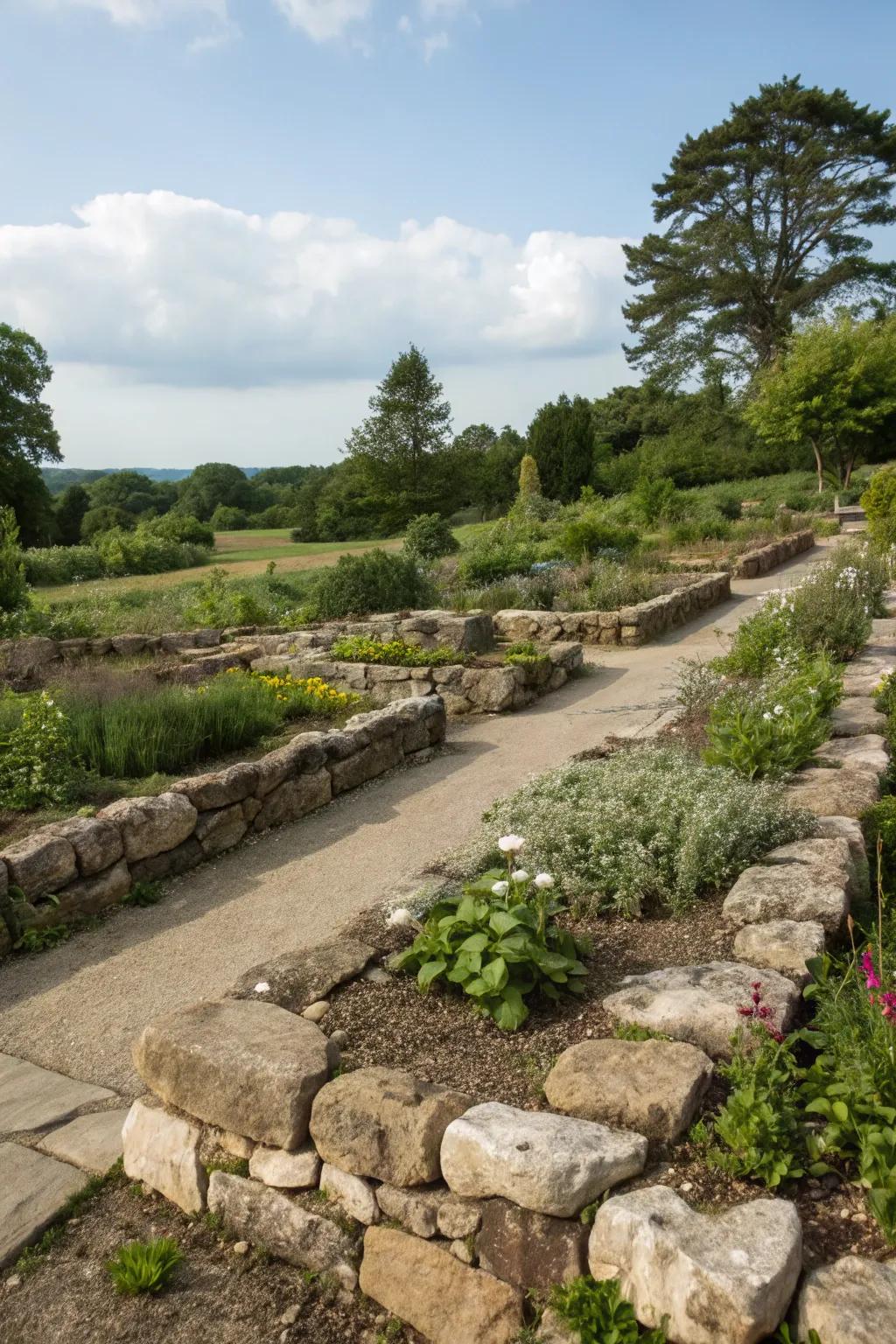 Natural boundaries with rocks create defined and organized garden areas.