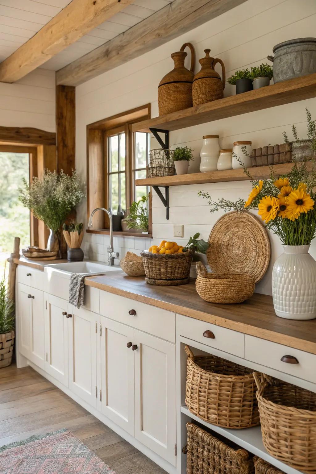 Charming rustic accents add warmth to this modern kitchen.