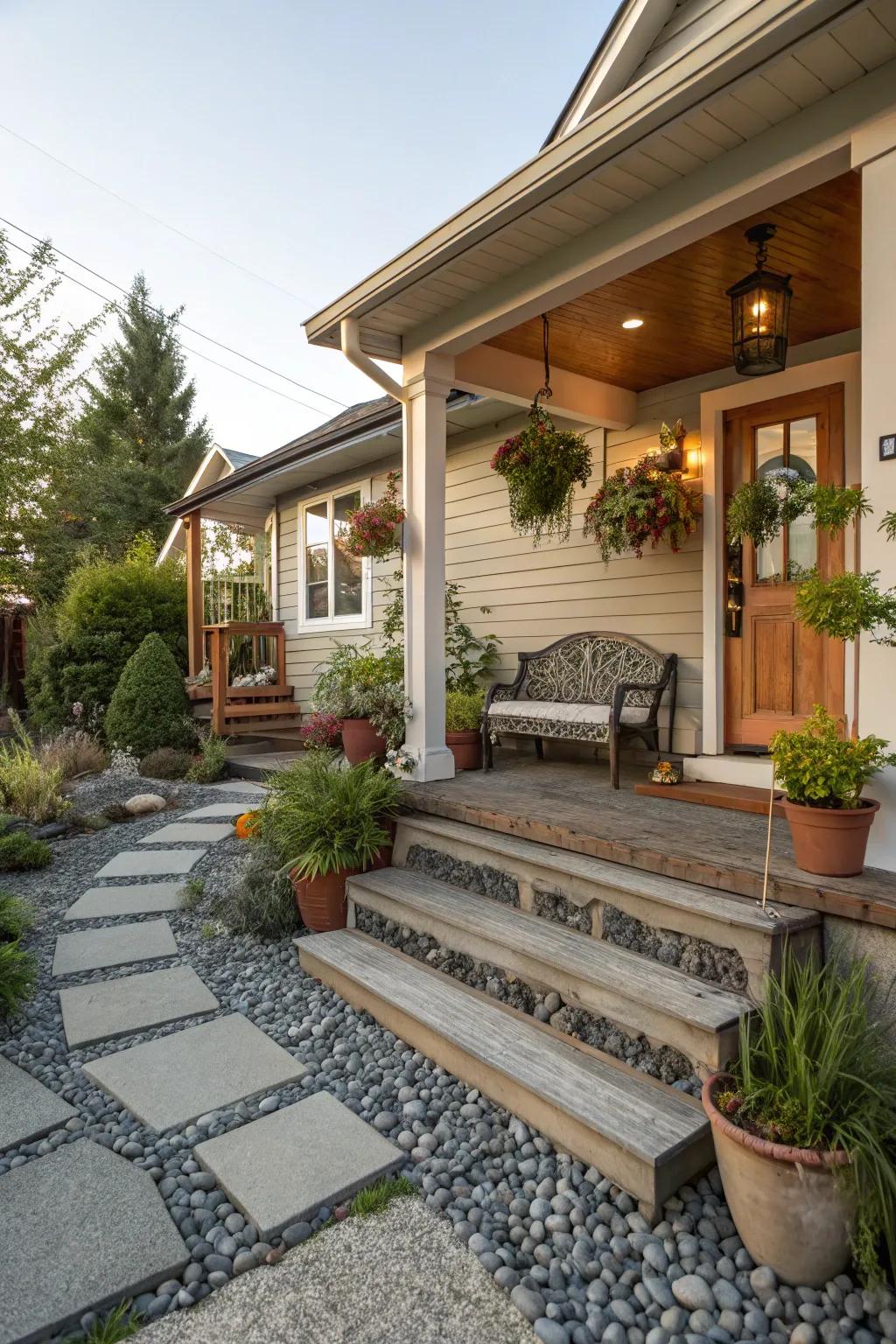 A small front porch with well-designed pathways and steps leading up to it.