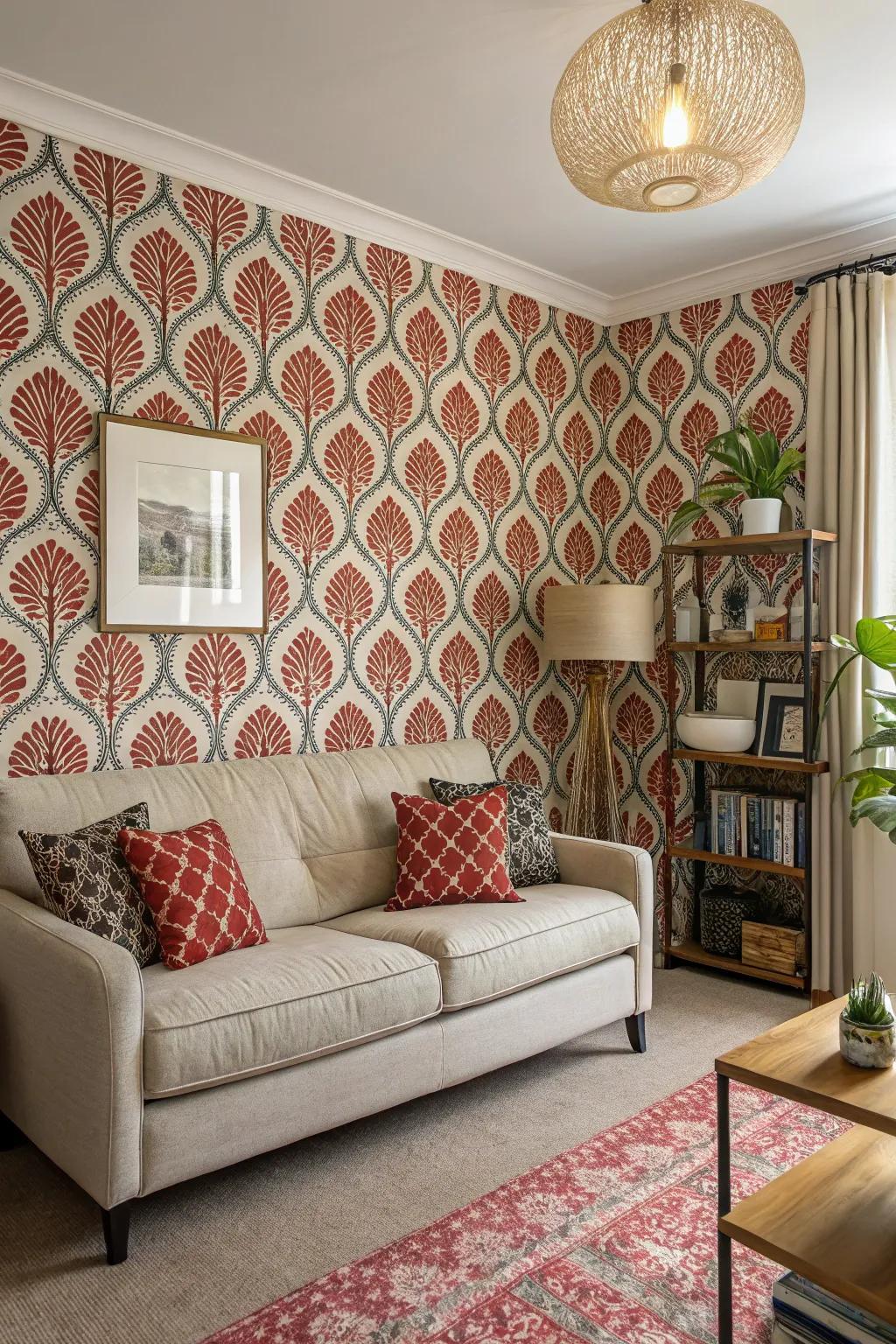 A compact living space featuring dynamic patterned wallpaper.
