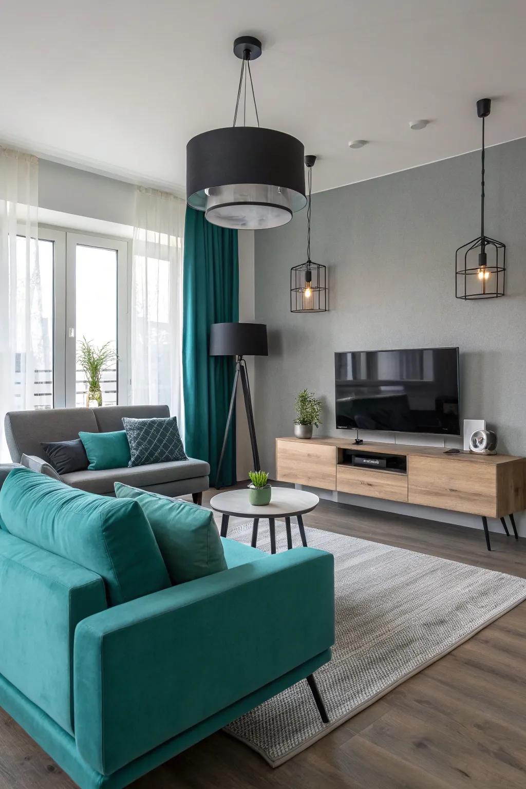 Teal and charcoal grey create a sleek, sophisticated living room.