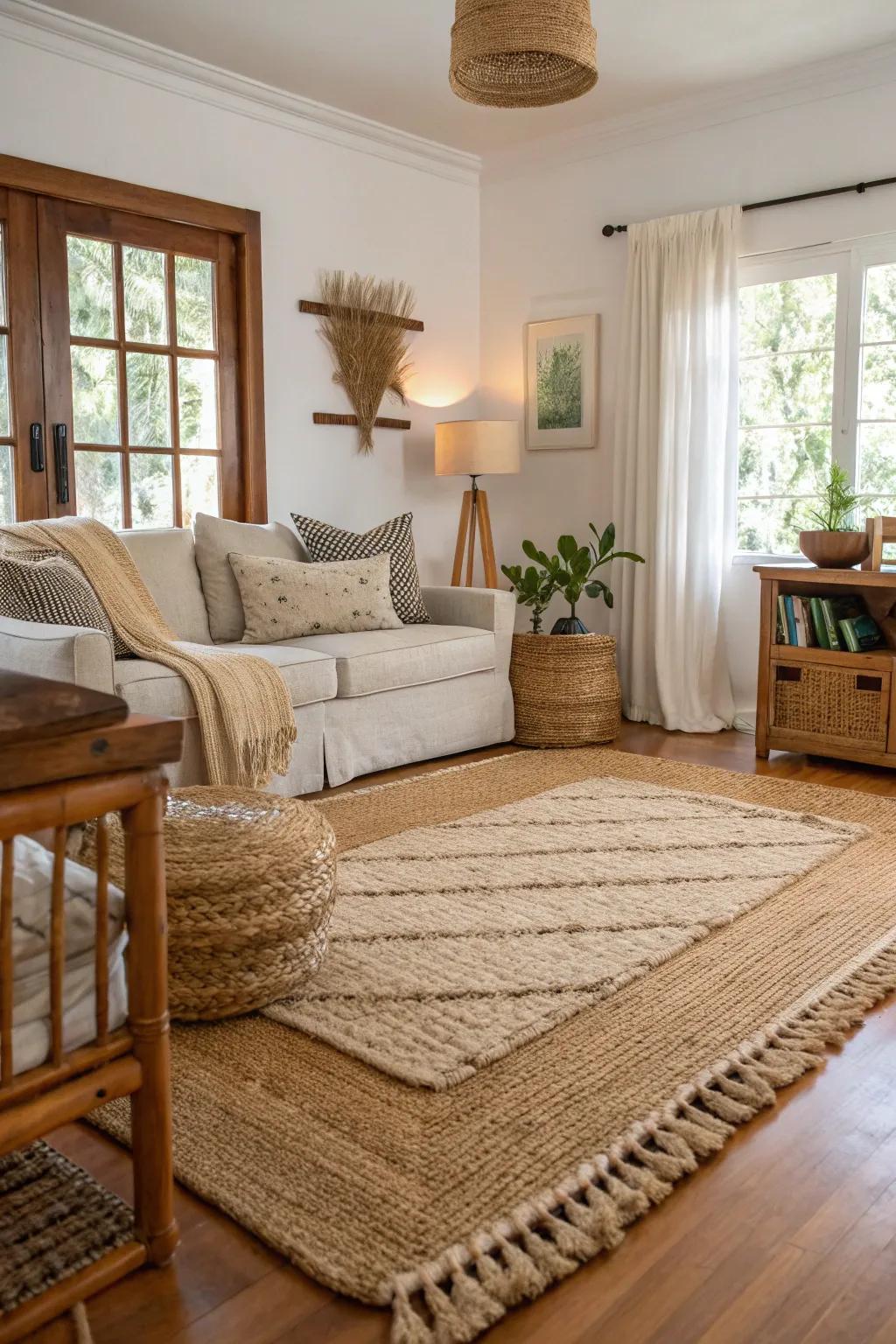 Layered floor coverings provide comfort and texture within a tropical living space.