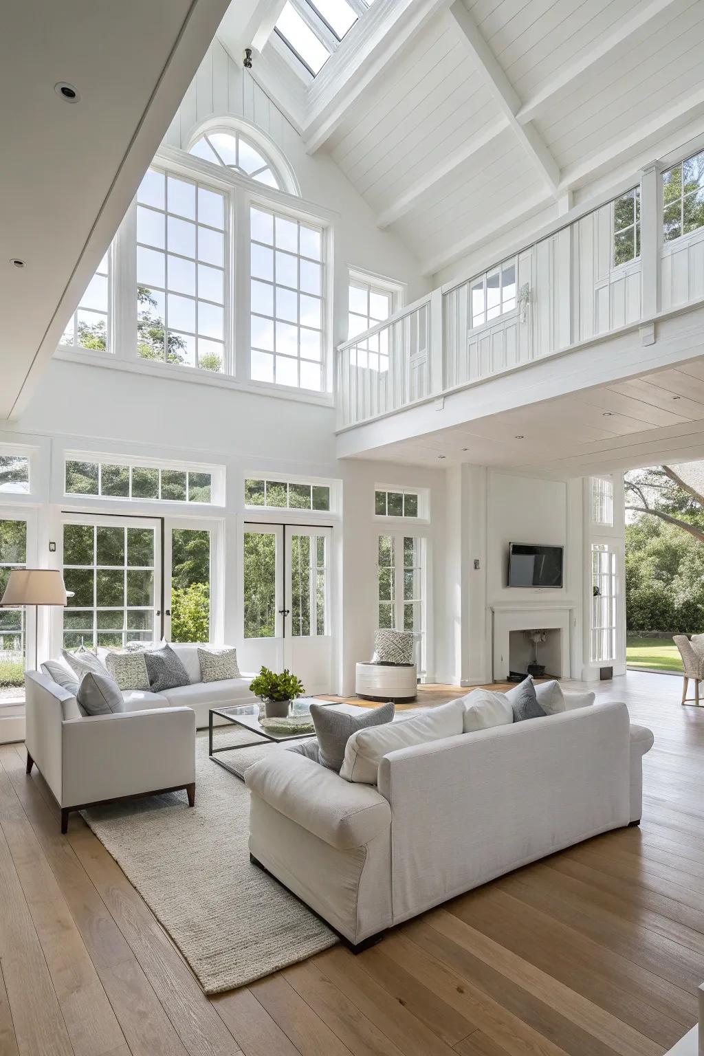 An open layout enhances flow and spaciousness in a white living room.