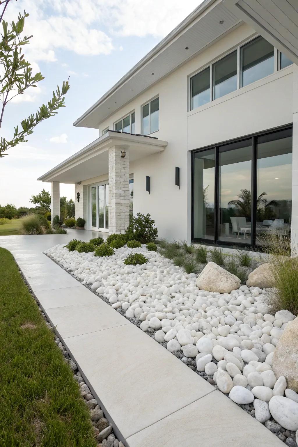 A modern house exterior charmingly incorporated with alabaster stone scenery for a cohesive vibe.