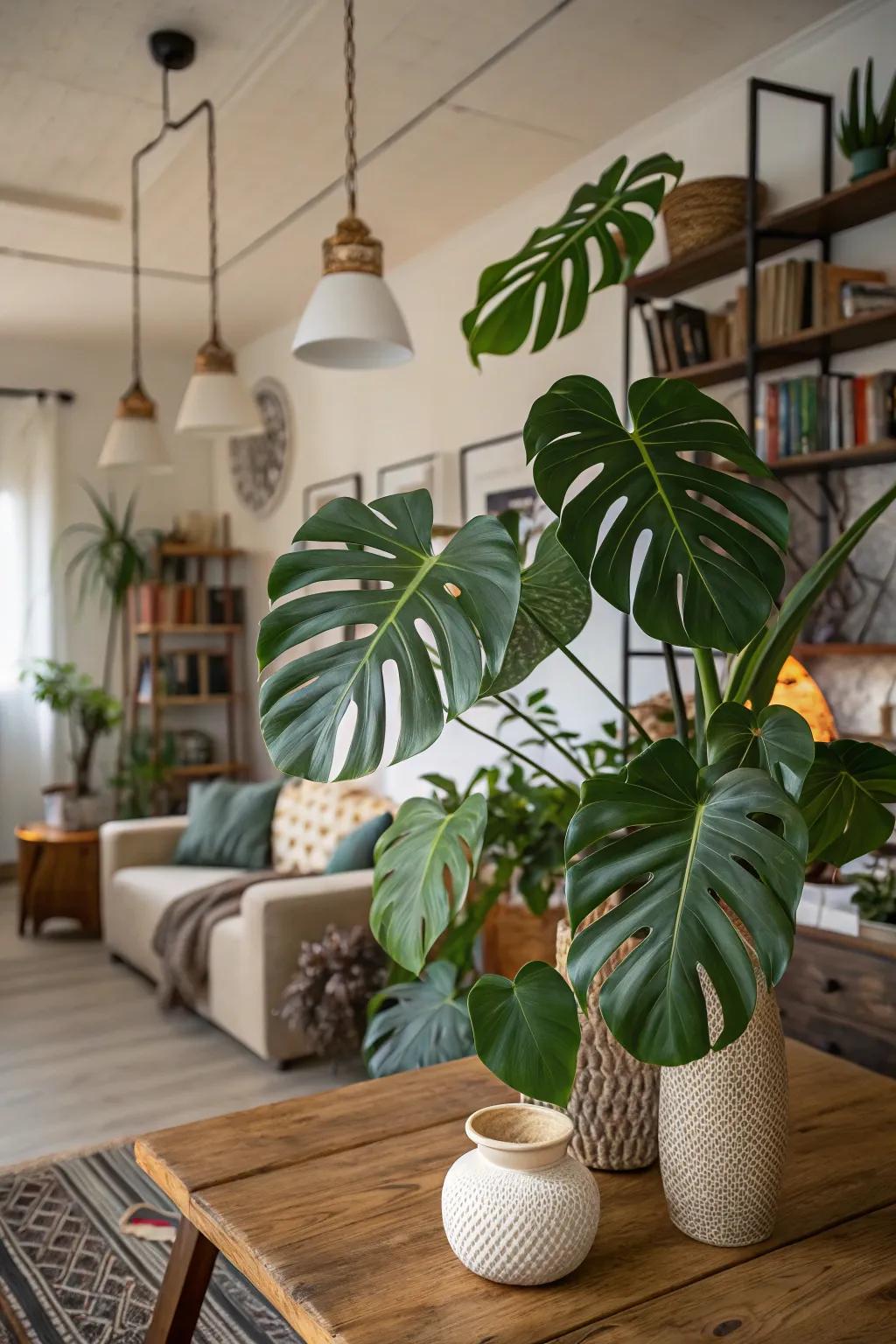A room featuring both real and imitation split-leaf philodendron fronds.