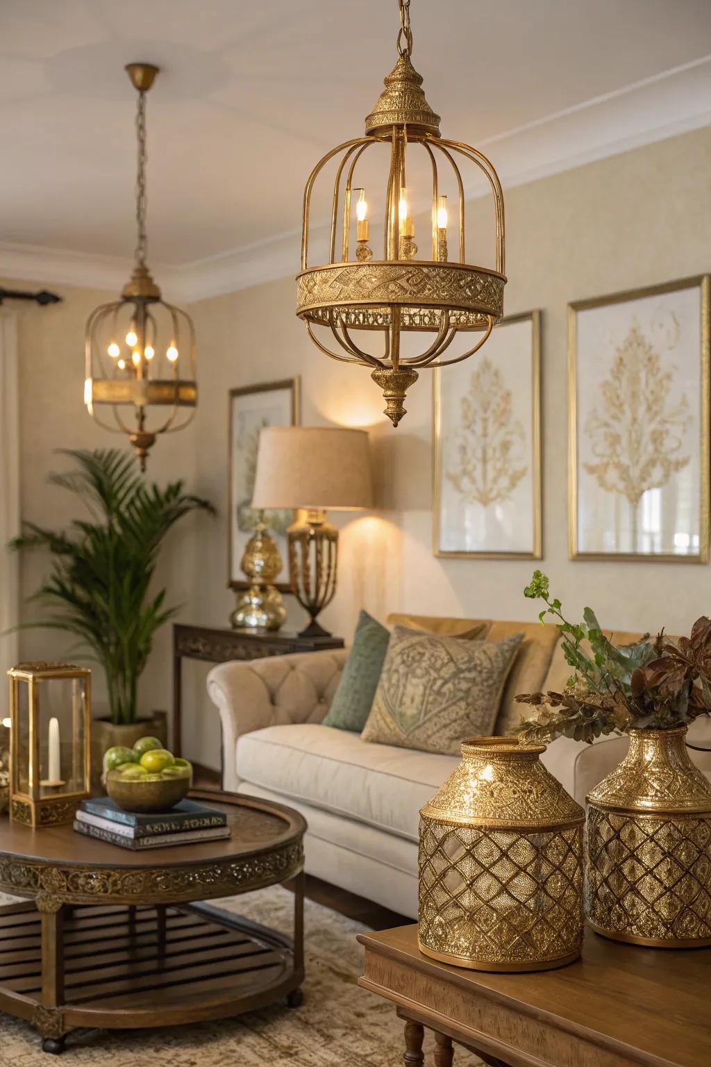 Metal highlights adding elegance to a dimly lit living room.
