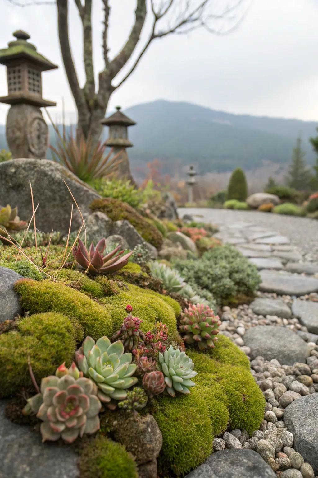 A vibrant stone garden showcasing exuberant moss stones.