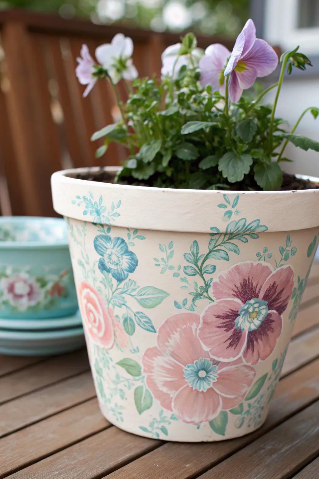 A flower container showcasing a beautifully patterned artwork.