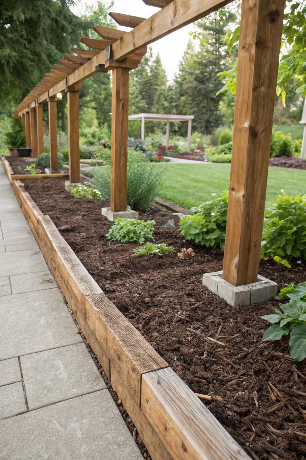 Wooden beams add rustic charm to mulch borders.