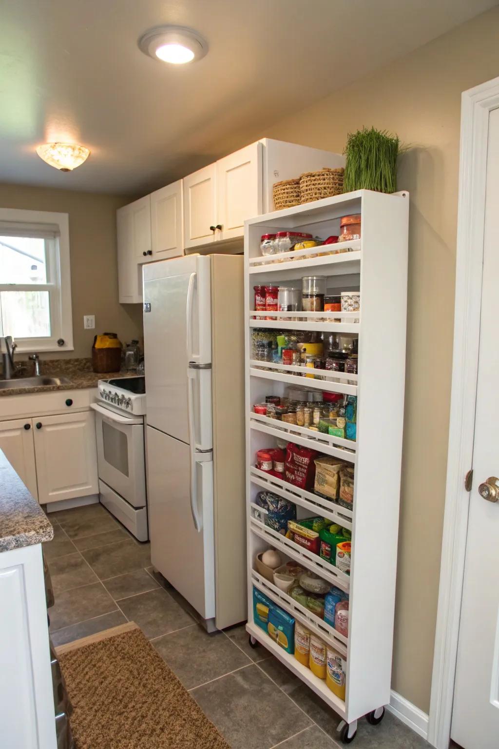 A slender mobile pantry providing extra storage within a compact kitchen setting.