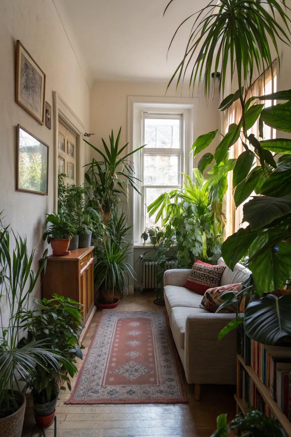 Tall indoor plants add brightness to a small living room.