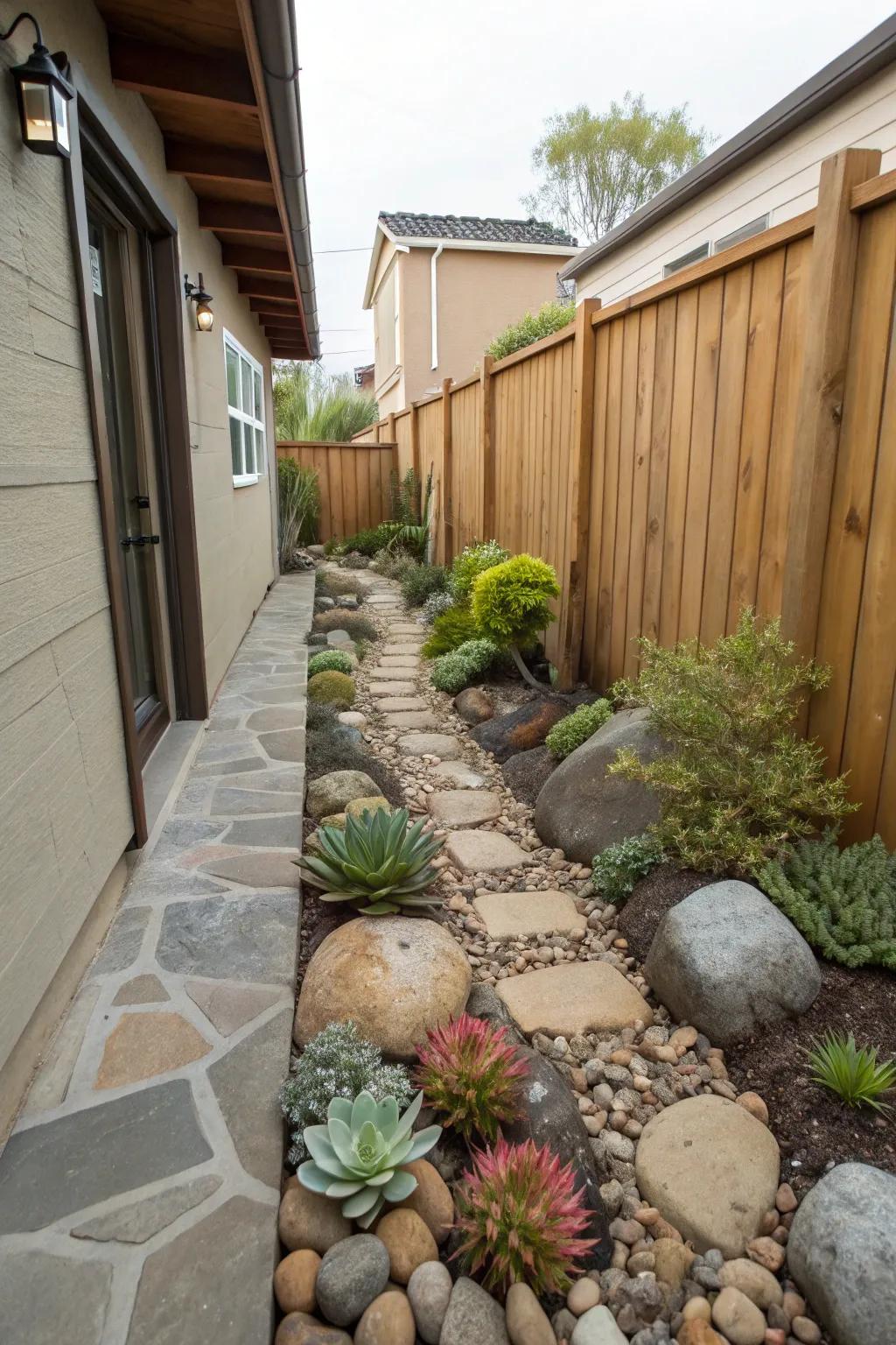 A rock garden adds tranquility and texture.