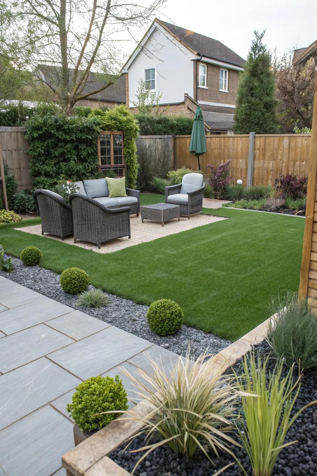 A lush backyard featuring the ease of synthetic lawn.