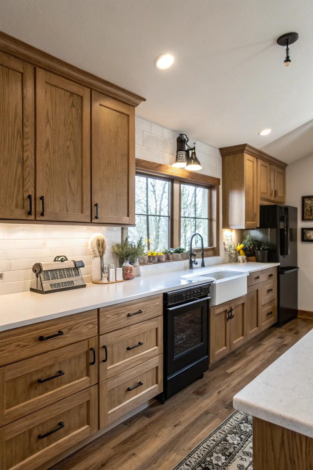 Dark elements create striking contrast in this oak and white kitchen.