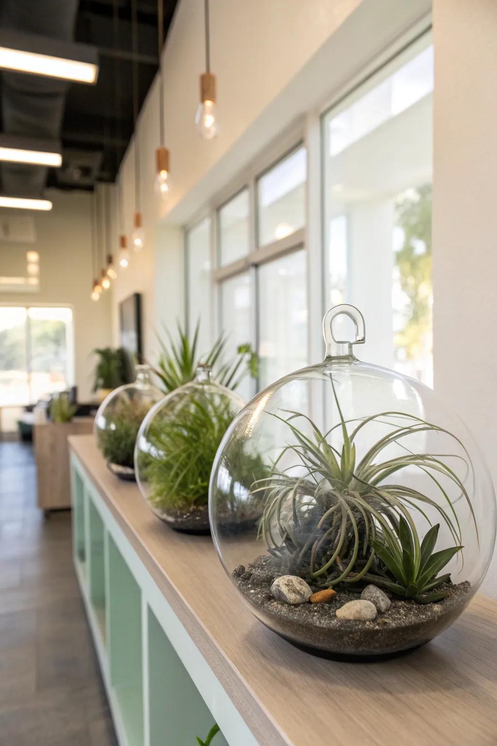 Develop a floating garden in your office with sky plants displayed in glass orbs, adding a distinctive touch to your space.