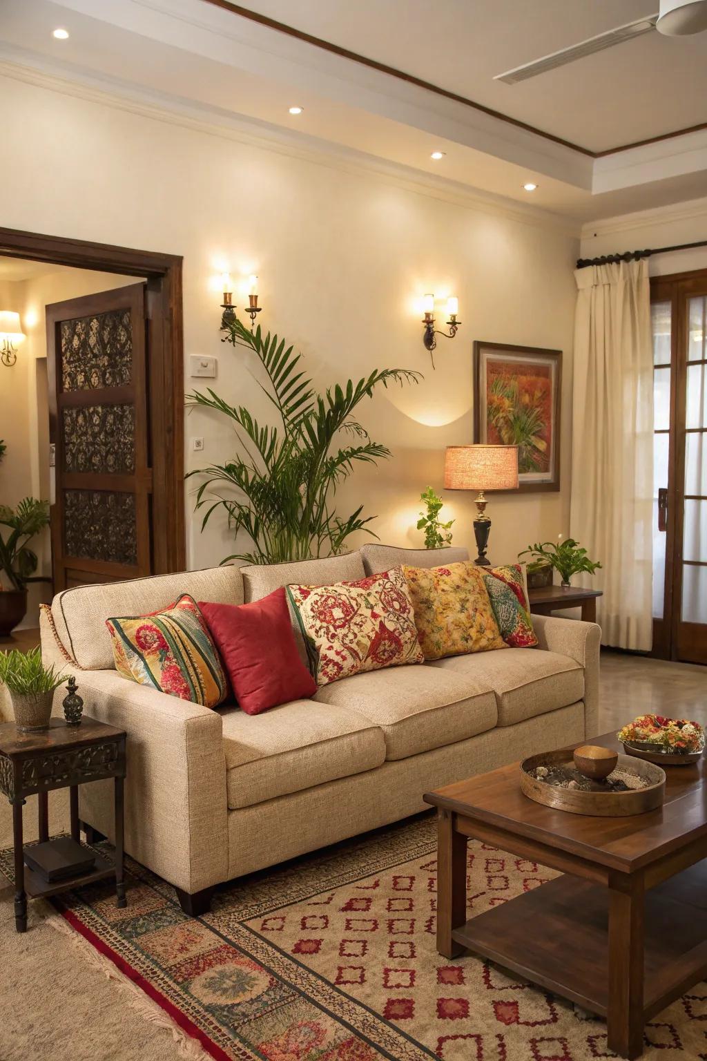 Neutral tones with colorful accents create a balanced look.