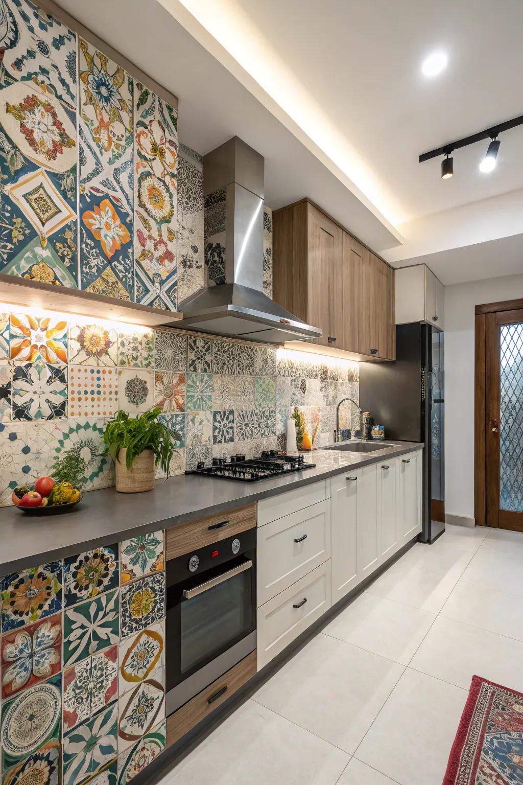 A striking backsplash serves as a center point in this one-wall food prep zone.