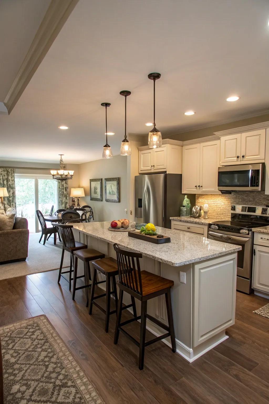 An island that extends into a dining area for maximum functionality.