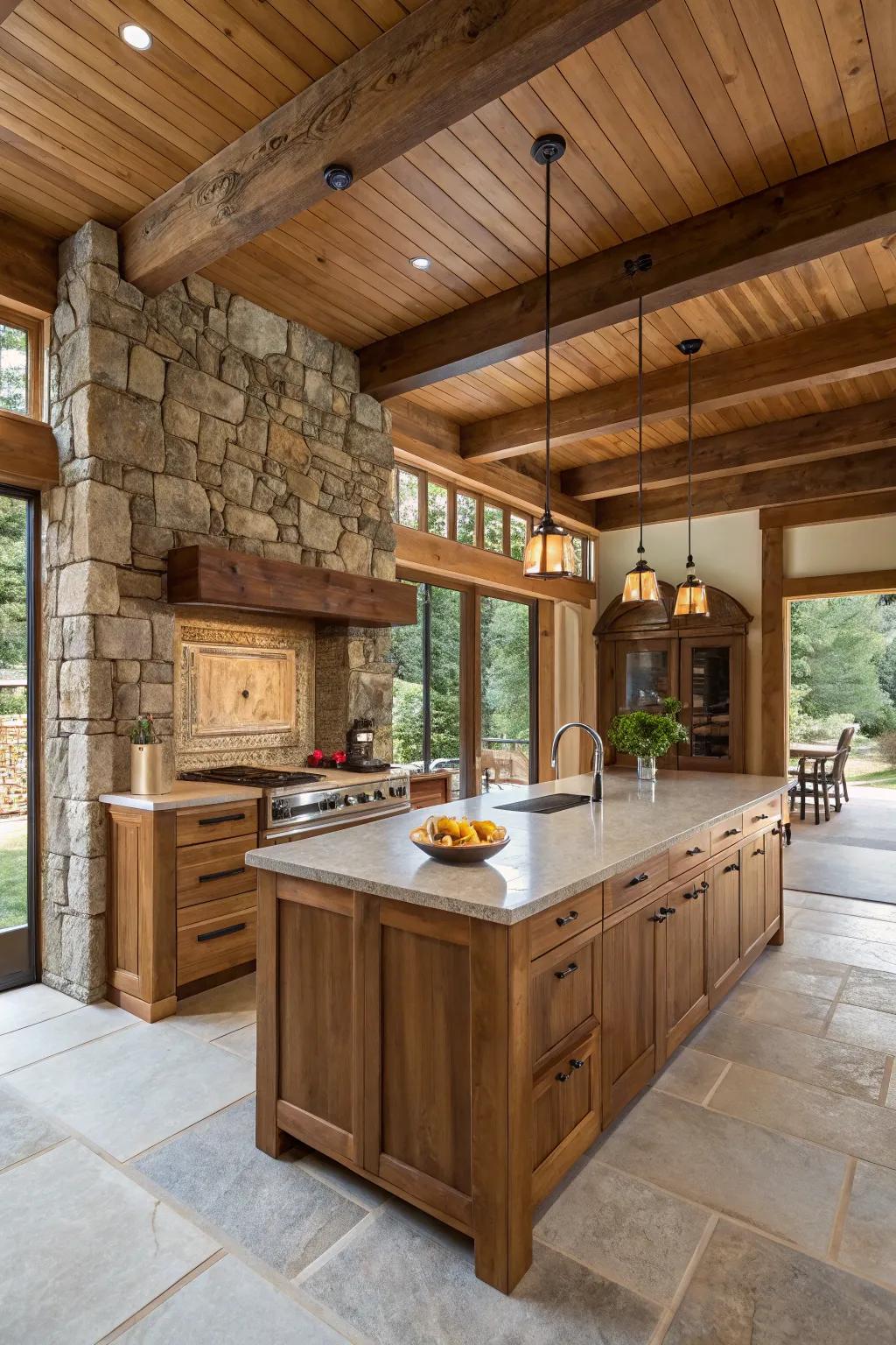 Natural materials add warmth and texture to the kitchen's design.