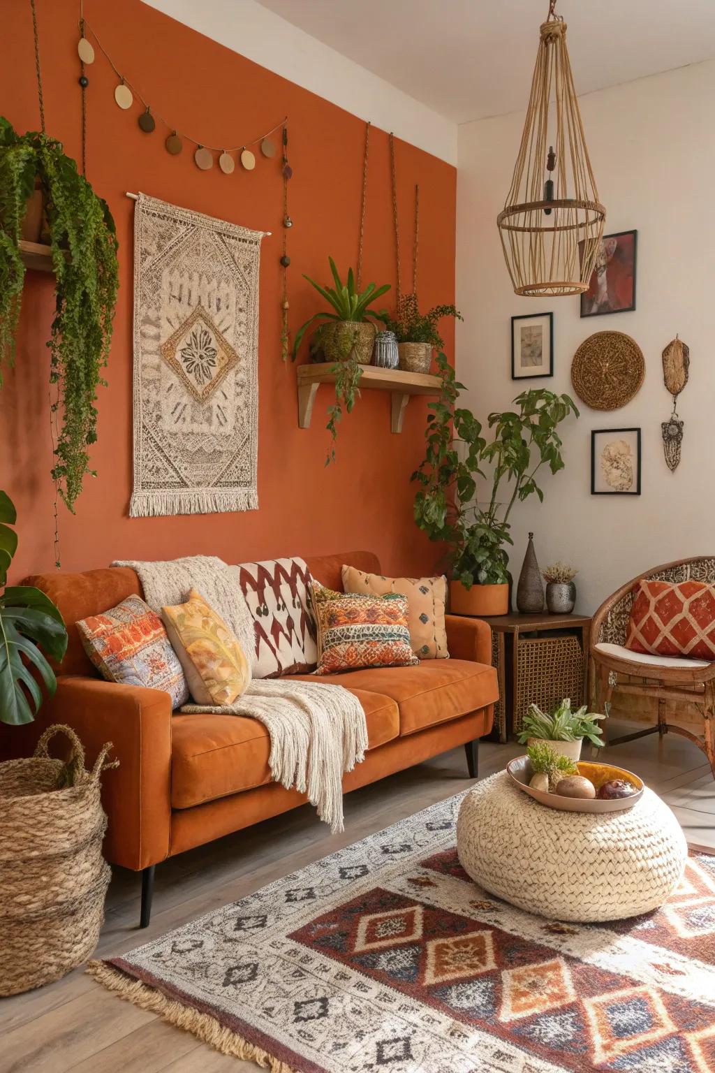 Orange and bohemian details fashion a welcoming and personality-filled living space.