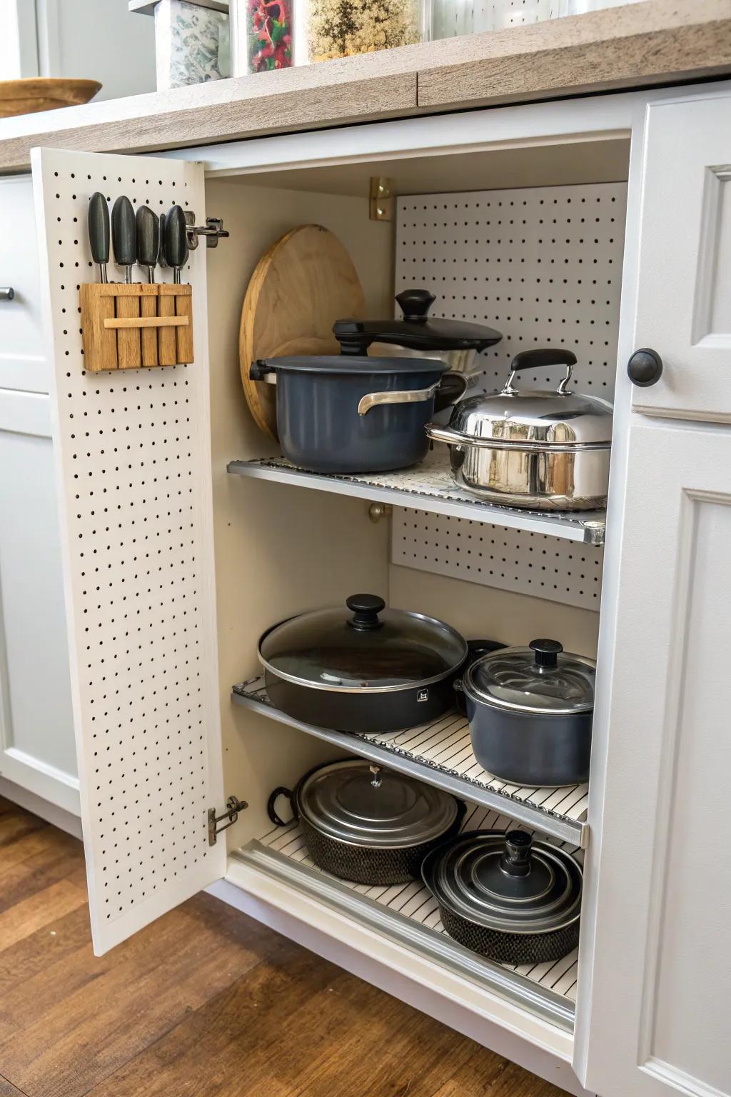 Pegboard inside a cabinet organizing pots and lids efficiently.