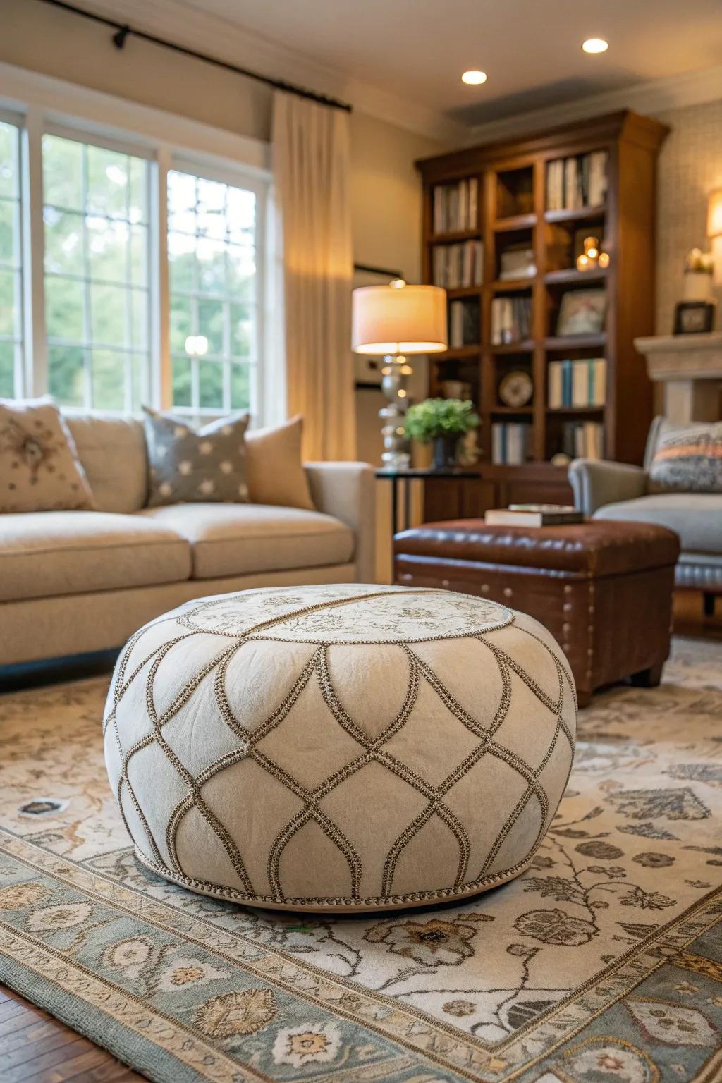 A uniquely shaped ottoman adds an unexpected element to the room.