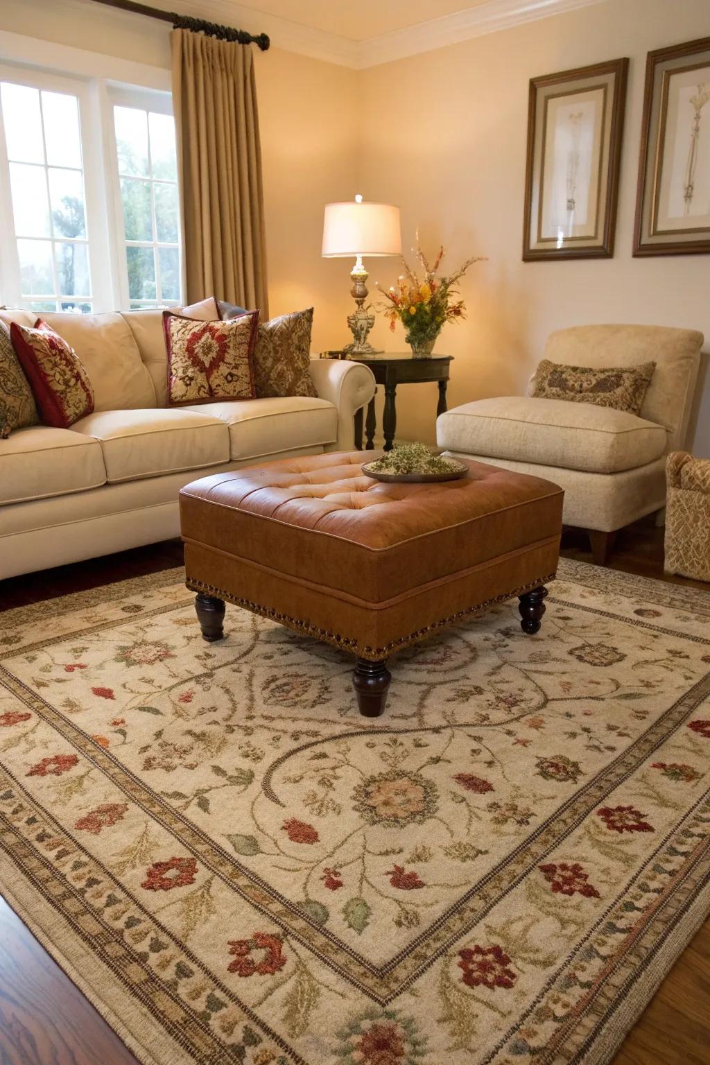 Harmonious style featuring coordinated ottoman and rug