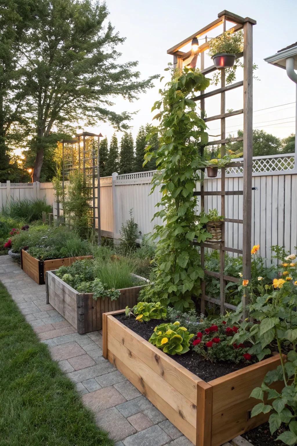 Vertical gardens make the most of the area and add depth.