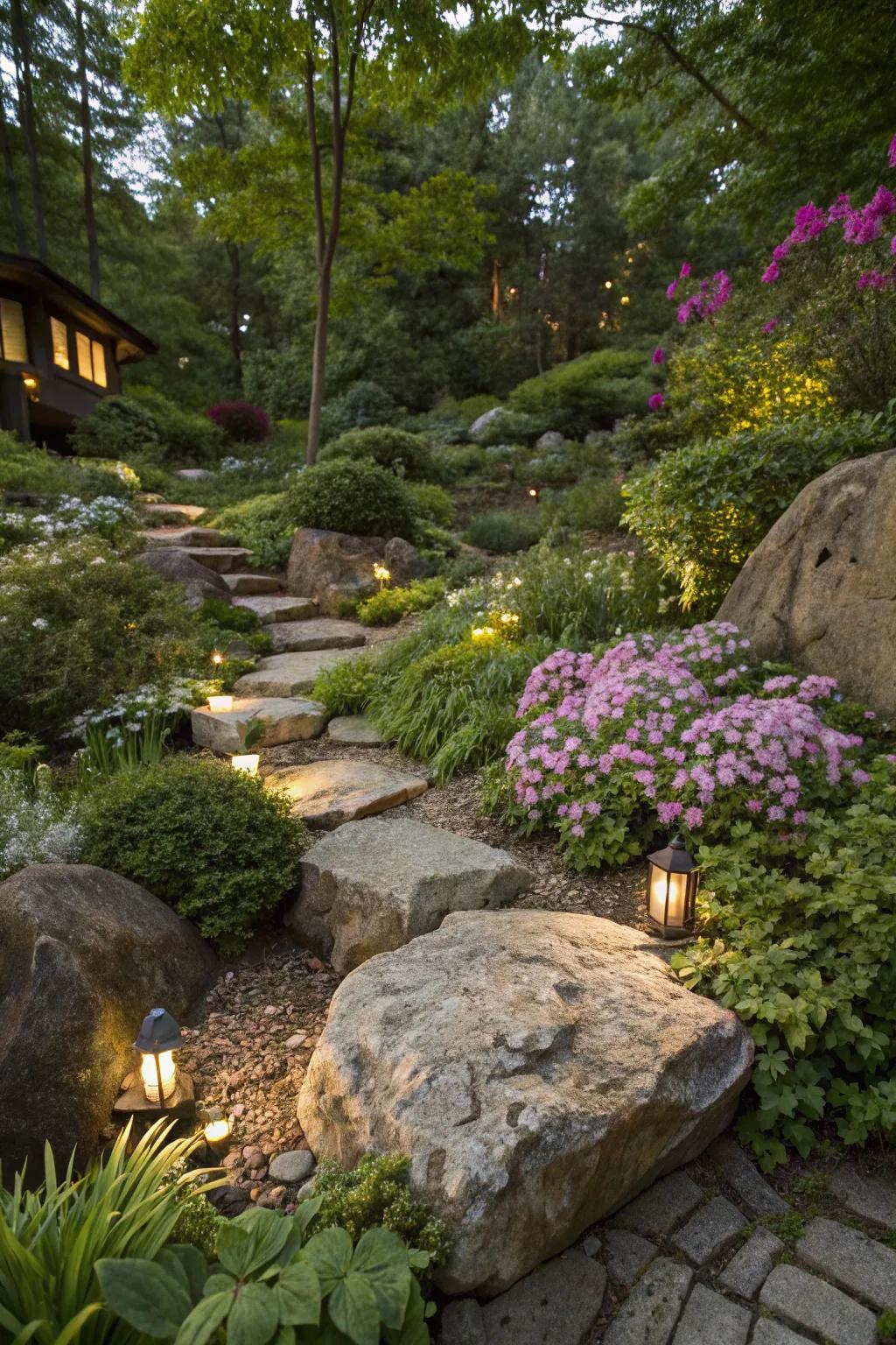 Natural stones refining a garden space with encircling plant life.