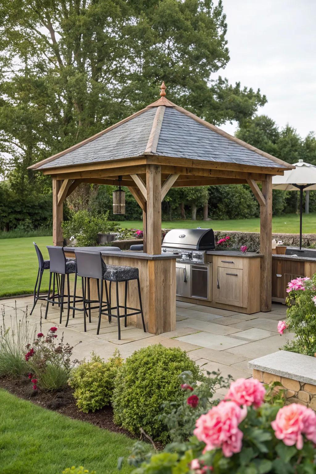 A gazebo with an integrated bar offering the perfect blend of cooking and socializing.