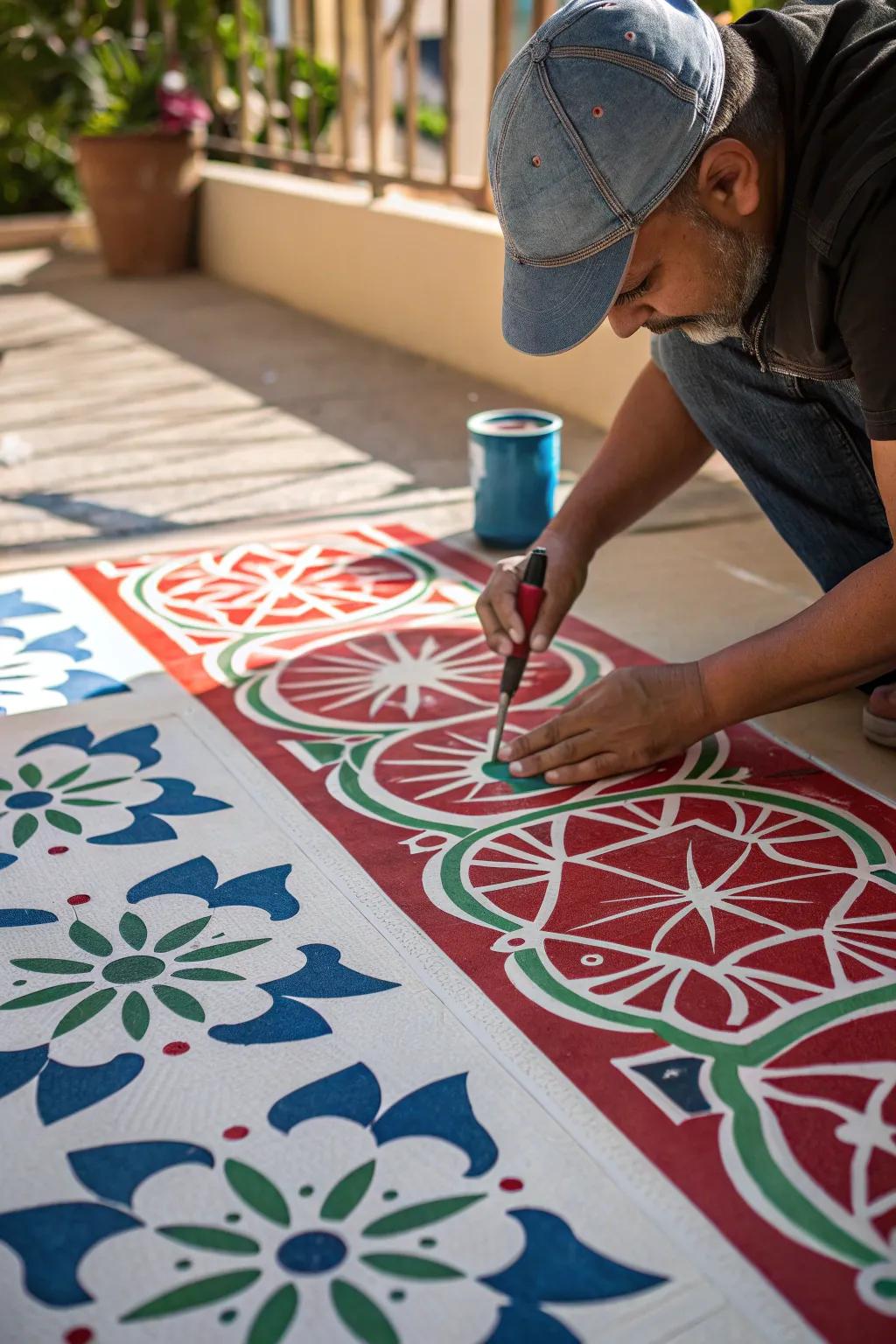 Transform your patio with a touch of handcrafted elegance: Stenciled Outdoor Rug.