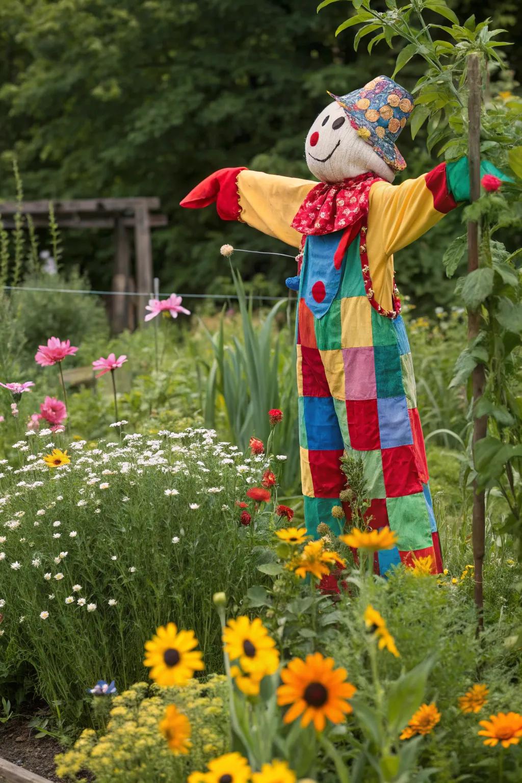 A patchwork fabric head brings vibrant character to your scarecrow.
