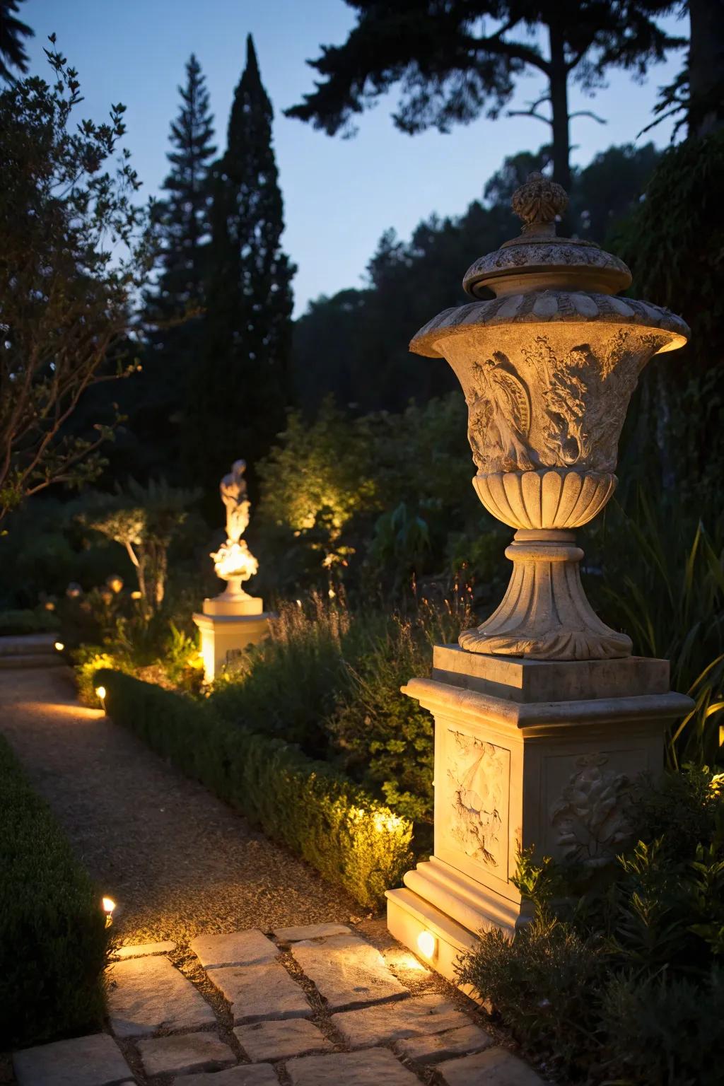 Illuminate your garden's art with the subtle elegance of solar uplights.