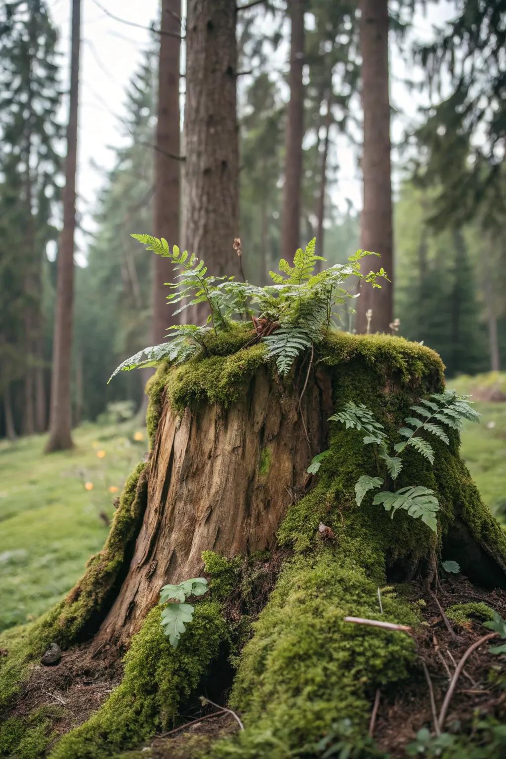 Moss and ferns turn a stump into a serene woodland feature.