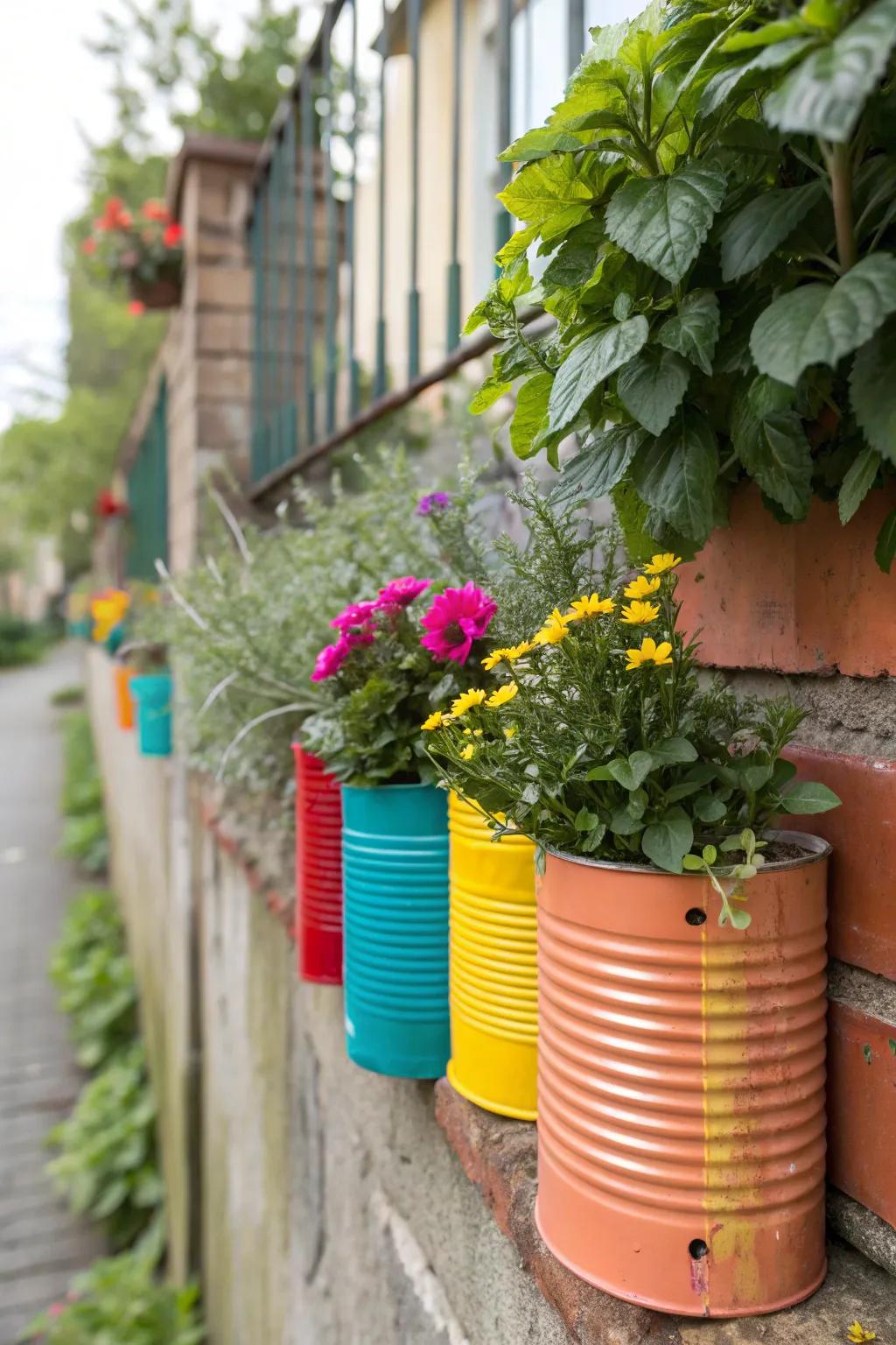 Be imaginative using repurposed tin container pots.