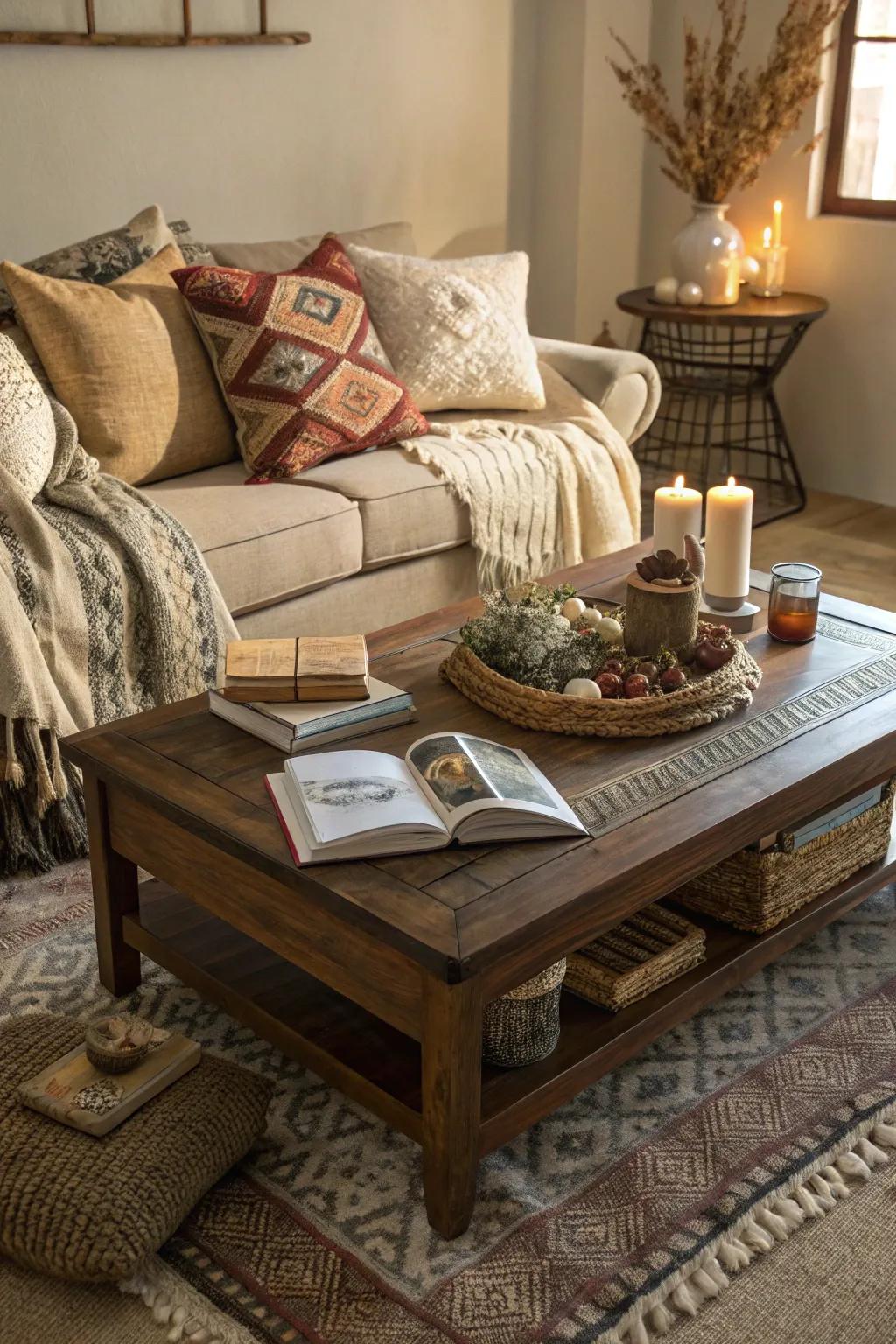 A cozy nook with a coffee table invites relaxation and conversation.