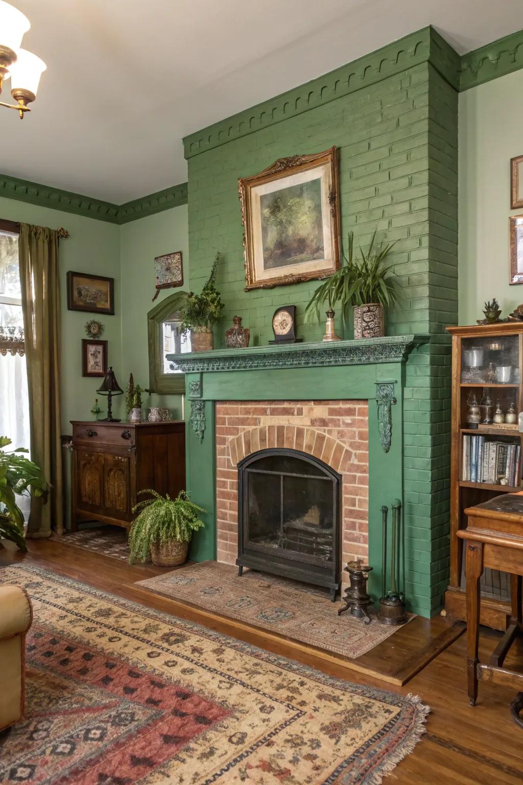 A green-painted fireplace evoking past era charm.