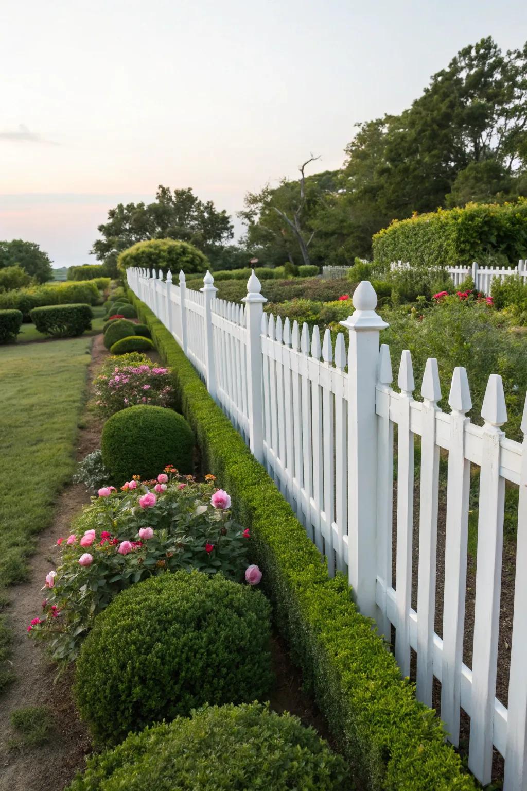 A timeless white picket fence, enhancing the garden's elegant aesthetic.