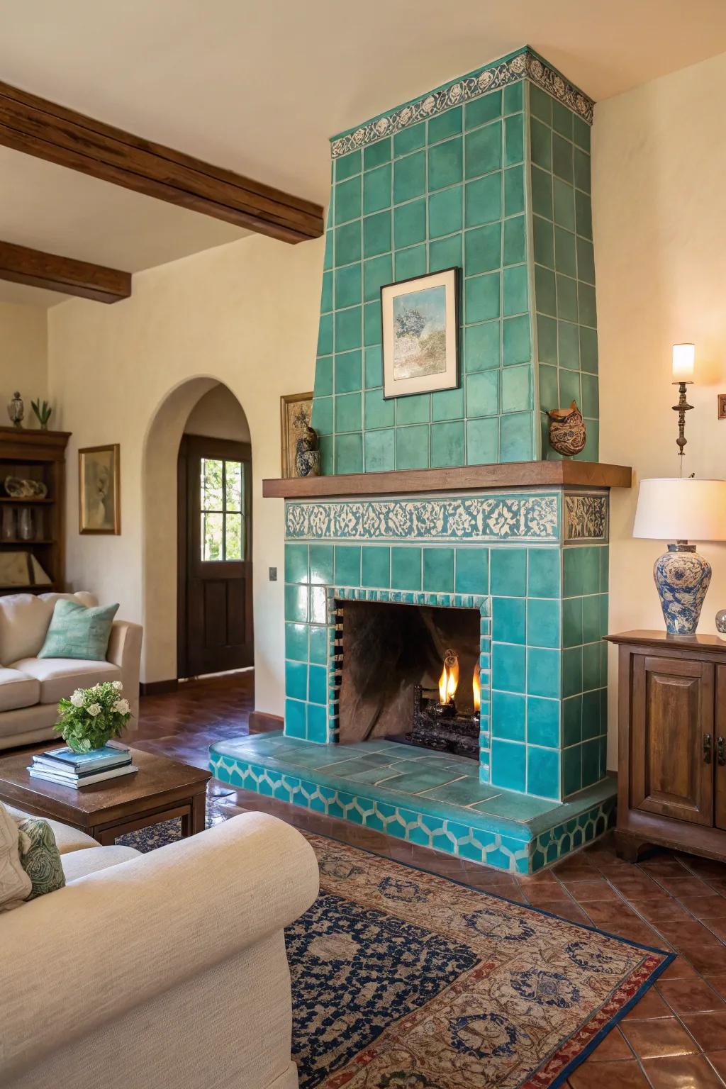 Teal tiles evoke the tranquility of the sea.