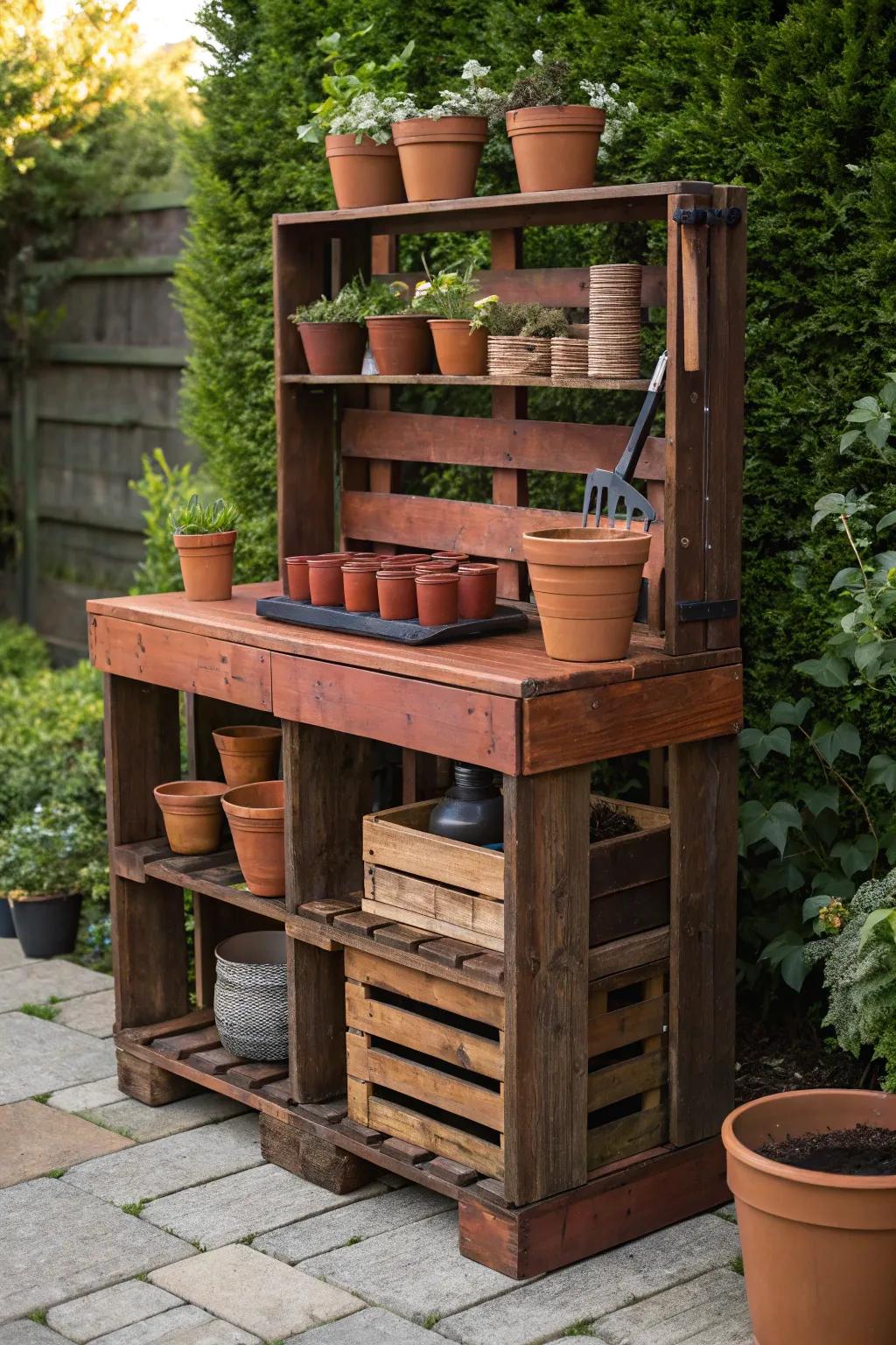 Elevate your garden game with a stunning pallet potting station—where organization meets craftsmanship.