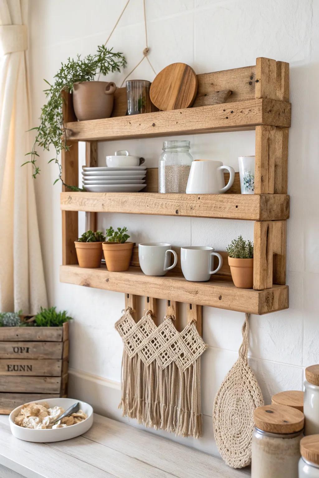 Elevate your kitchen space with a multi-functional pallet organizer that blends Scandinavian minimalism with boho charm. #KitchenInspiration #ScandiBoho