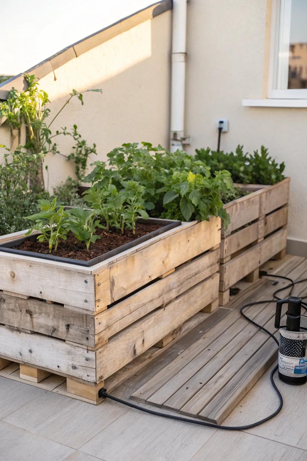 Effortless Elegance: Keep your garden lush with a chic self-watering pallet bed.