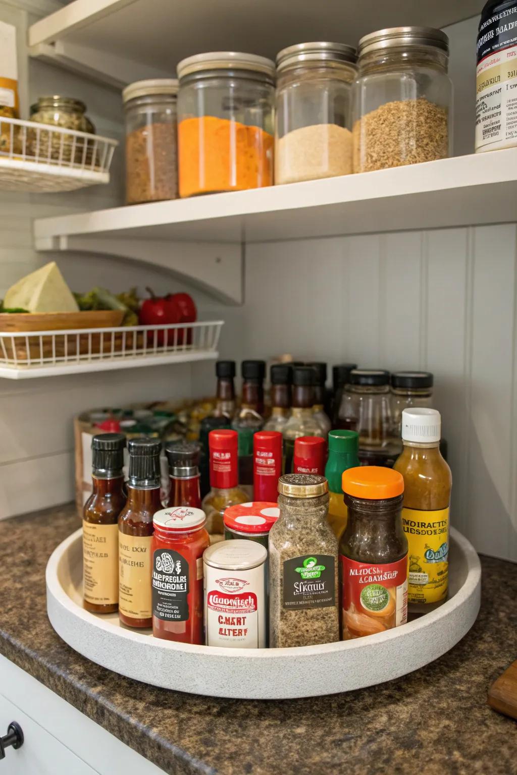 A pantry corner showing a Lazy Susan for efficient storage.