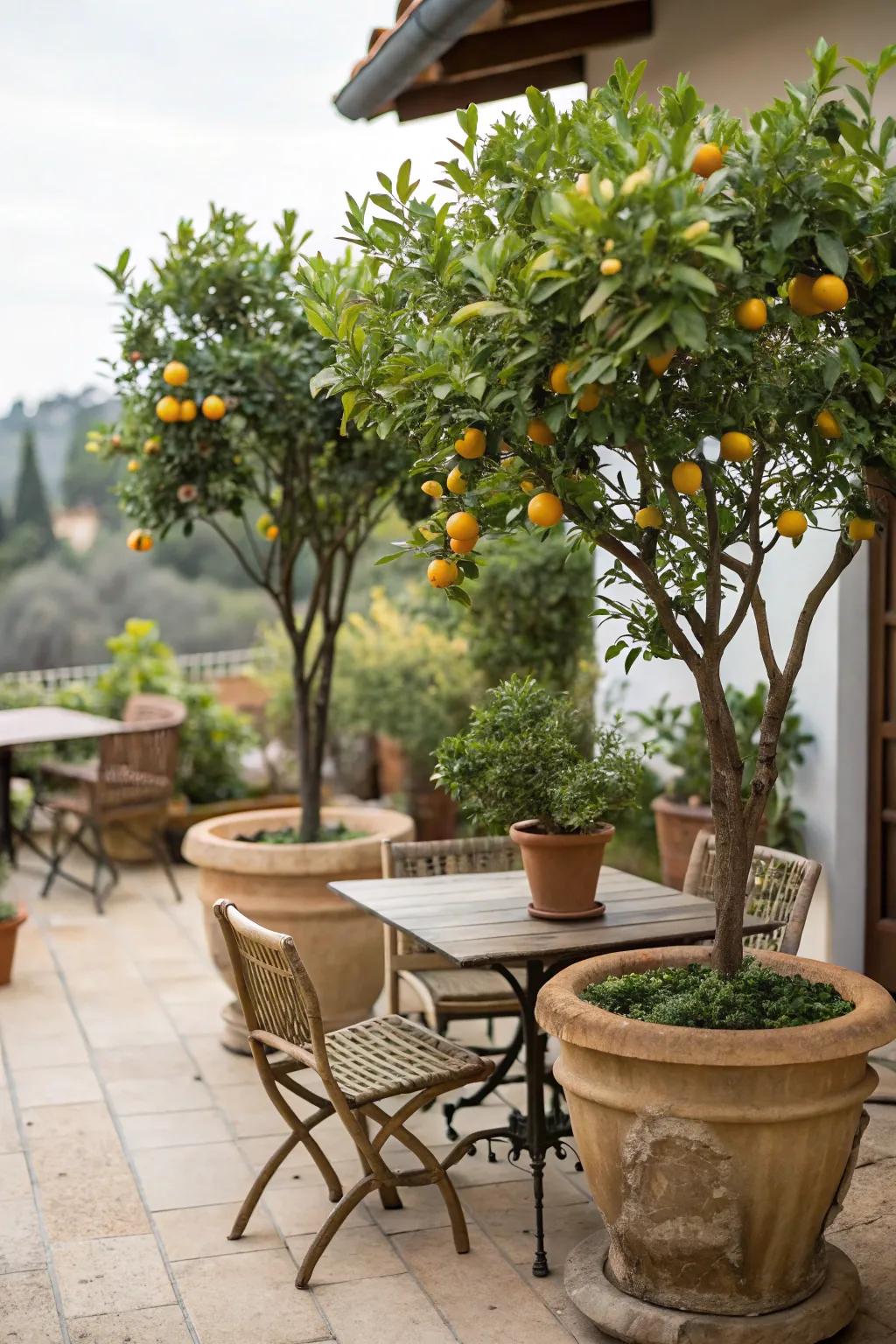 Dwarf fruit trees offer delightful harvests and a picturesque setting.