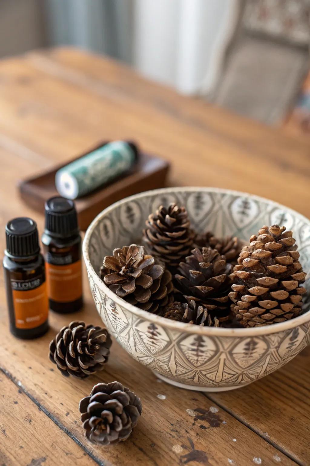 Scented pinecones enhance the garden with a fragrant touch.