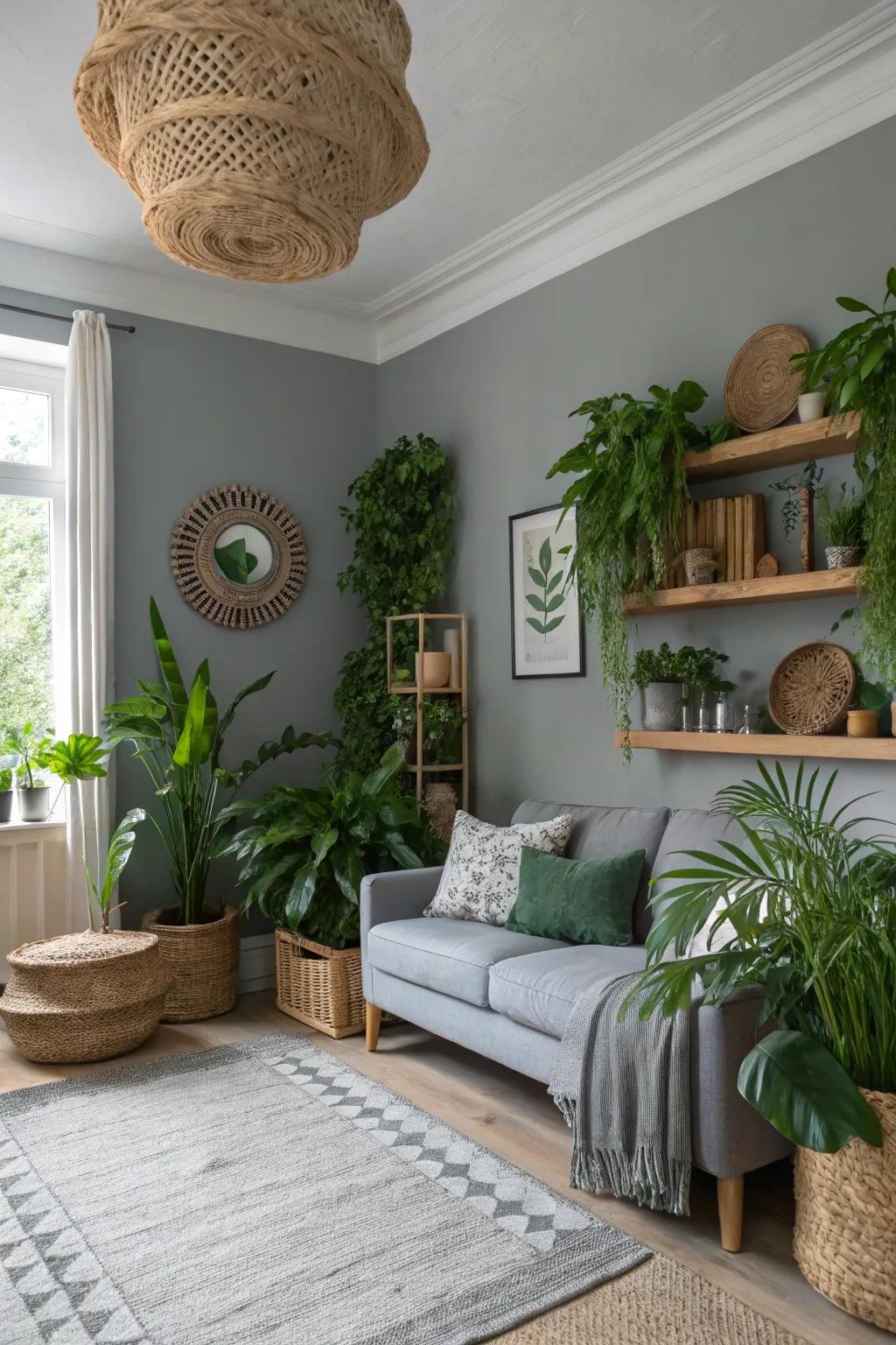 Greenery adds a refreshing touch to grey spaces.