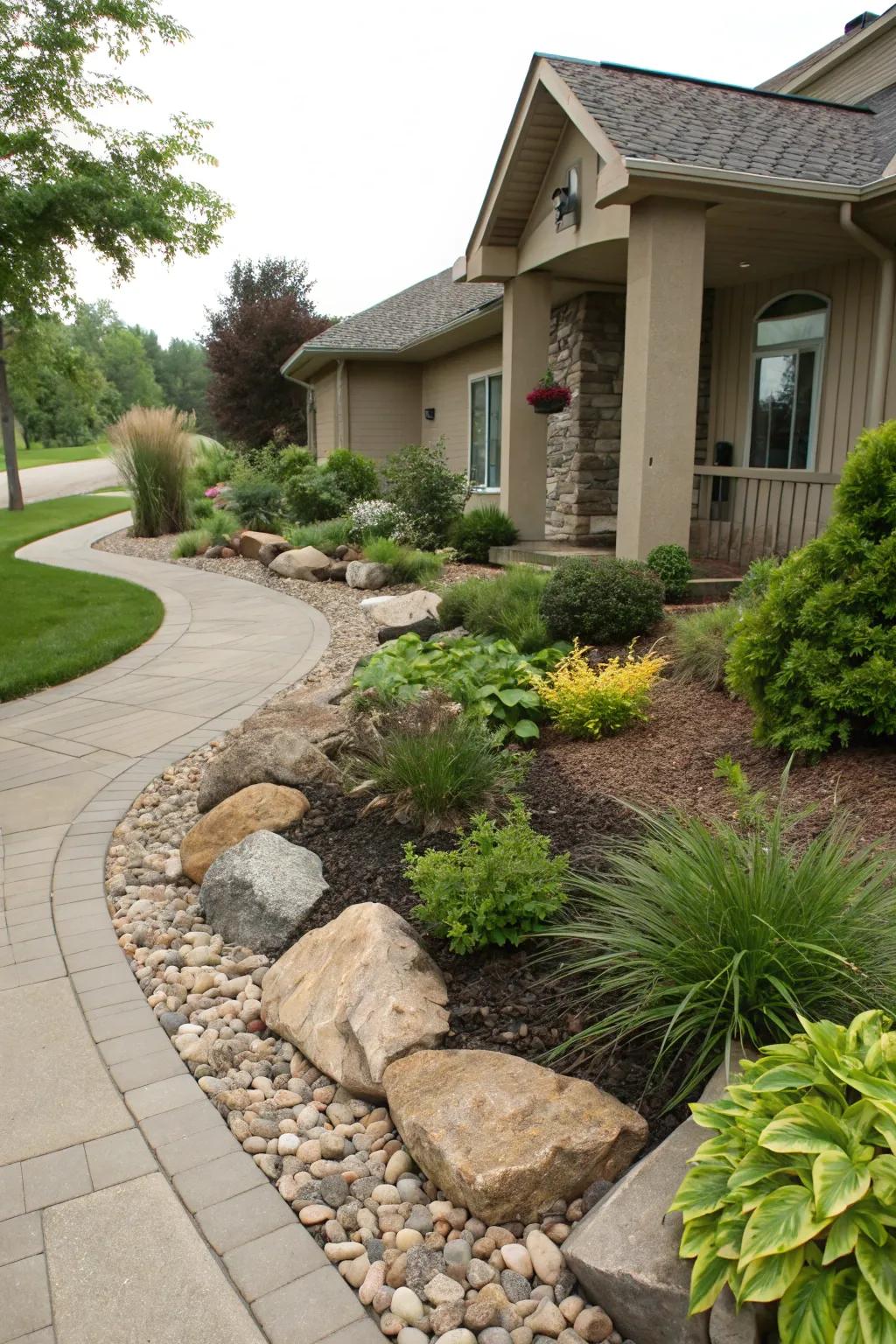 Stone and mulch create a harmonious, natural finish.