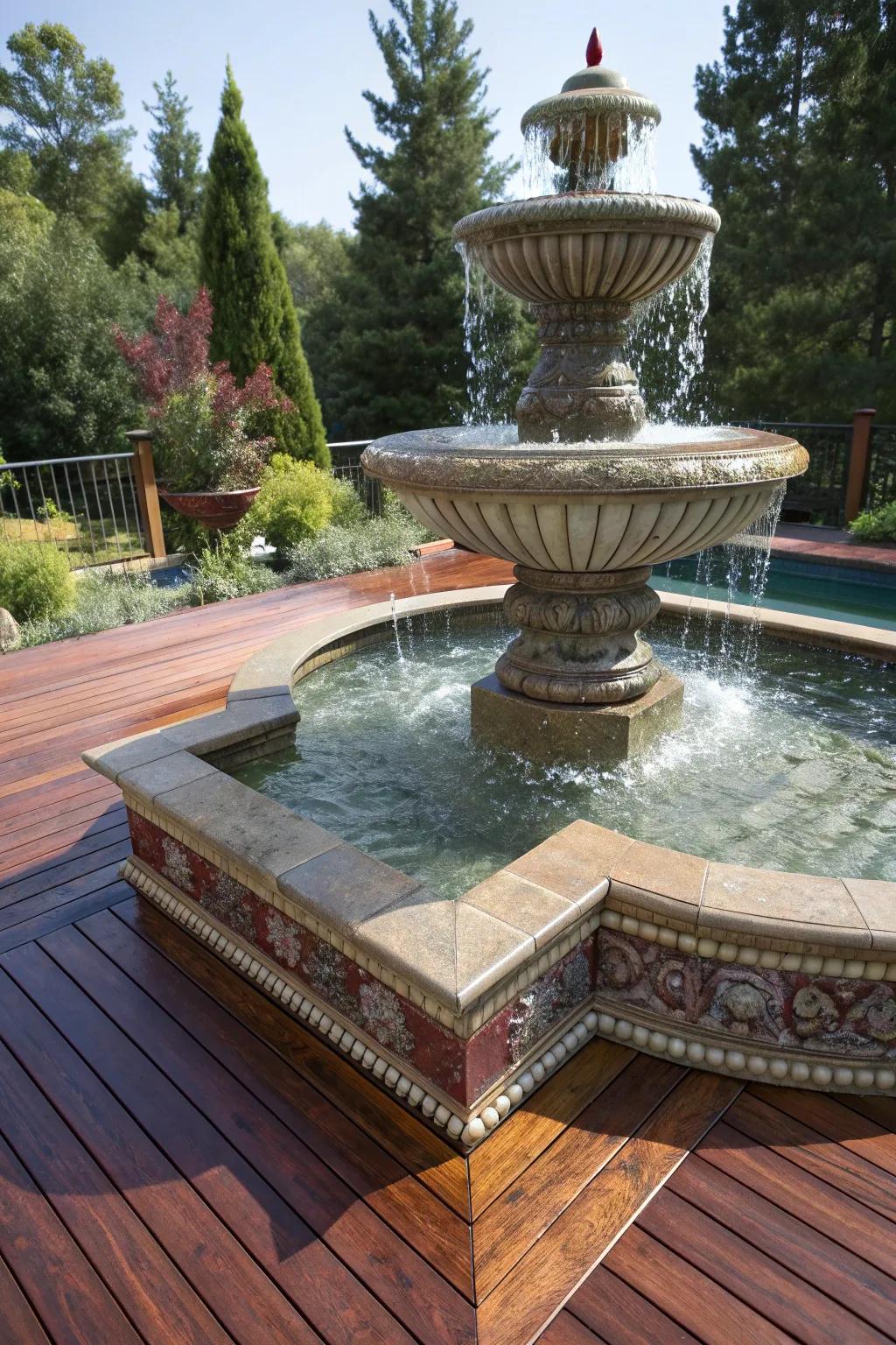 Transform your deck into a tranquil retreat with a stunning water feature centerpiece.
